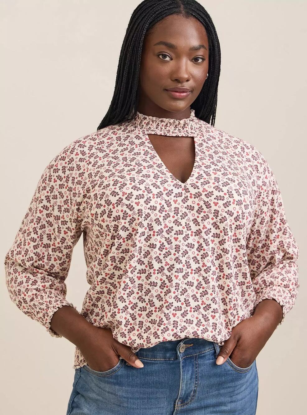 [Torrid] Floral Print Choker Neck Textured Jersey Knit Smocked Hem Blouse Sz 2X